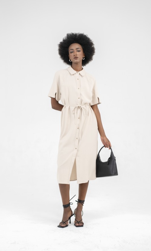 SIXDO Shirtwaist Raw Midi Dress